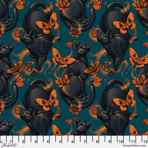 Halloween Fabric - Moth Cat Turquoise - 100% Cotton - FreeSpirit - Mystic Moonlight by Rachel Hauer