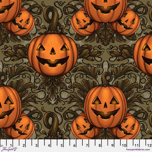 Halloween Fabric - Pumpkin Damask - Olive - 100% Cotton - FreeSpirit - Mystic Moonlight by Rachel Hauer