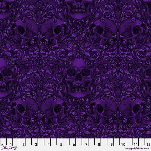 Halloween Fabric - Skull Damask - Purple - 100% Cotton - FreeSpirit - Mystic Moonlight by Rachel Hauer