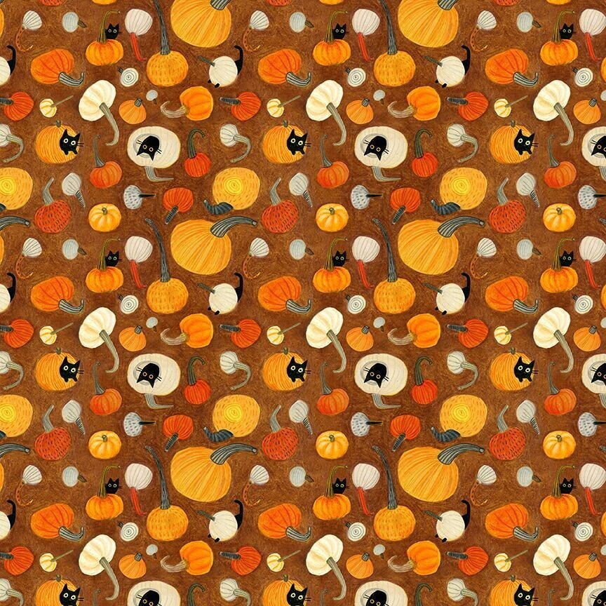 Pumpkin Cats Fabric - Dear Stella - 100% Cotton - Meowloween - Halloween Black Cat