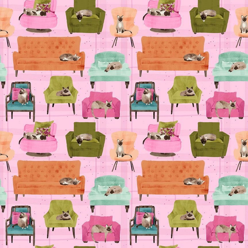 Cat fabric - Dear Stella - Lounge Cats - 100% Cotton - Siamese Cat Couch Chair kitty