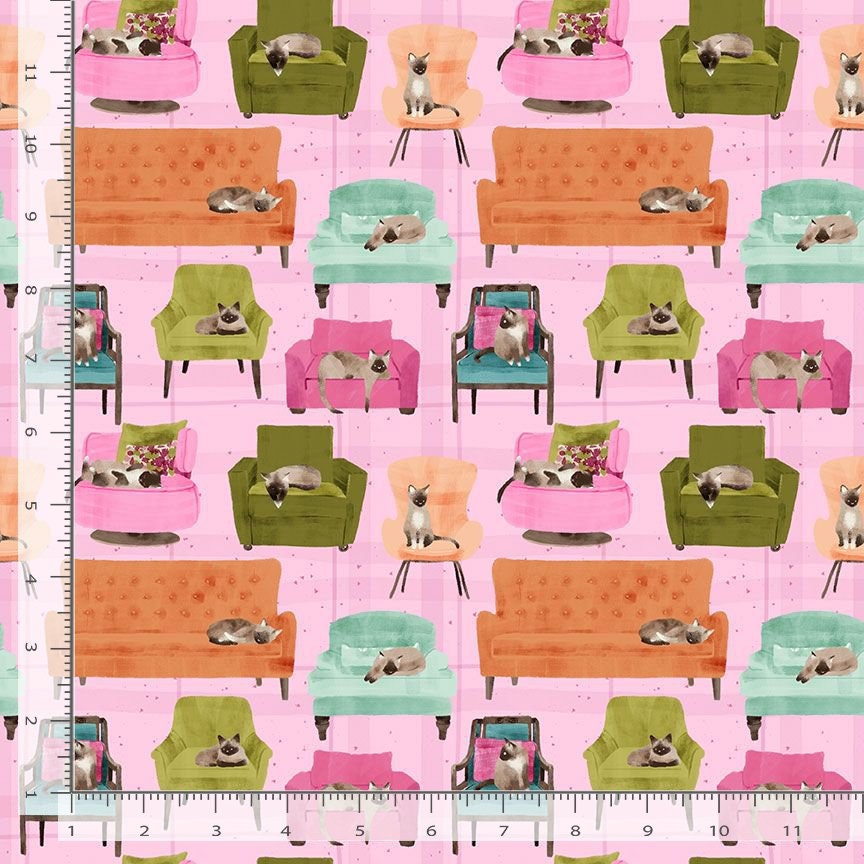 Cat fabric - Dear Stella - Lounge Cats - 100% Cotton - Siamese Cat Couch Chair kitty