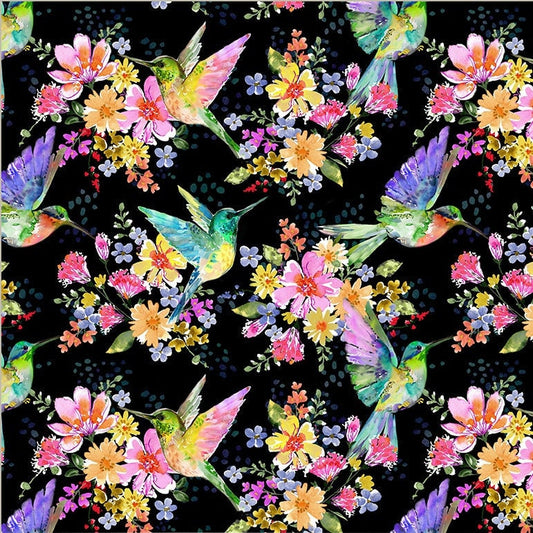 Humming bird & Florals fabric - 100% cotton - A Hummingbird's Charm by Whistler Studios 54181-2- Windham Fabrics - Pretty Pollinators