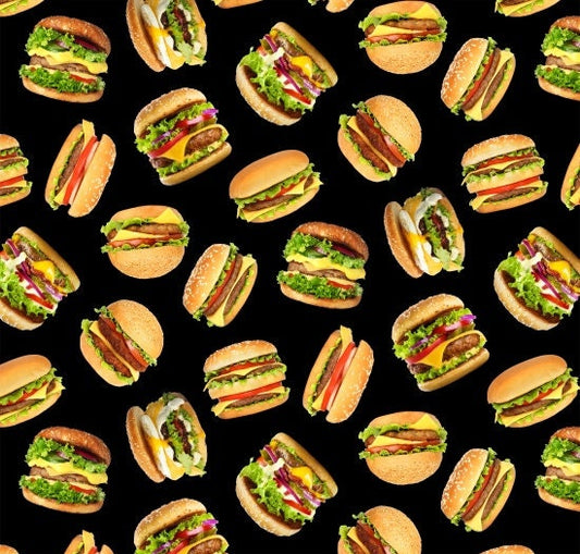 Hamburger Fabric - Favorite Foods - Elizabeth Studios - 100% Cotton Fabric - Cooking Grilling Kitchen - 701-Black