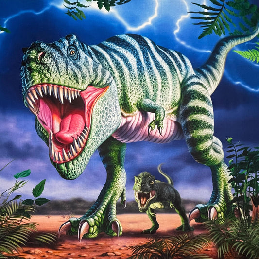 T-Rex Dinosaur Fabric Panel Measures 35.5" x 44" - 100% Cotton - David Textiles Exclusive Print for Foust Textiles - Digitally Printed