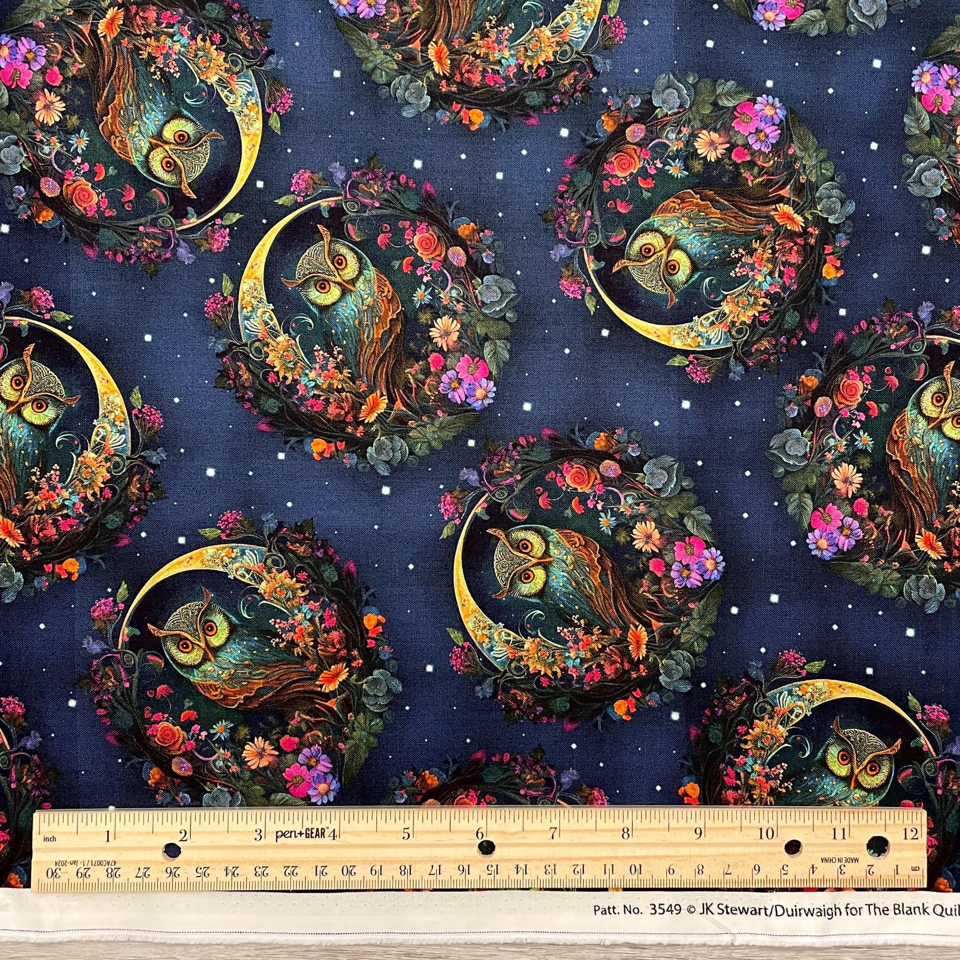 Floral Owl Fabric - Night Garden 3549-79 Dk. Blue - 100% cotton - Blank Quilting Corp