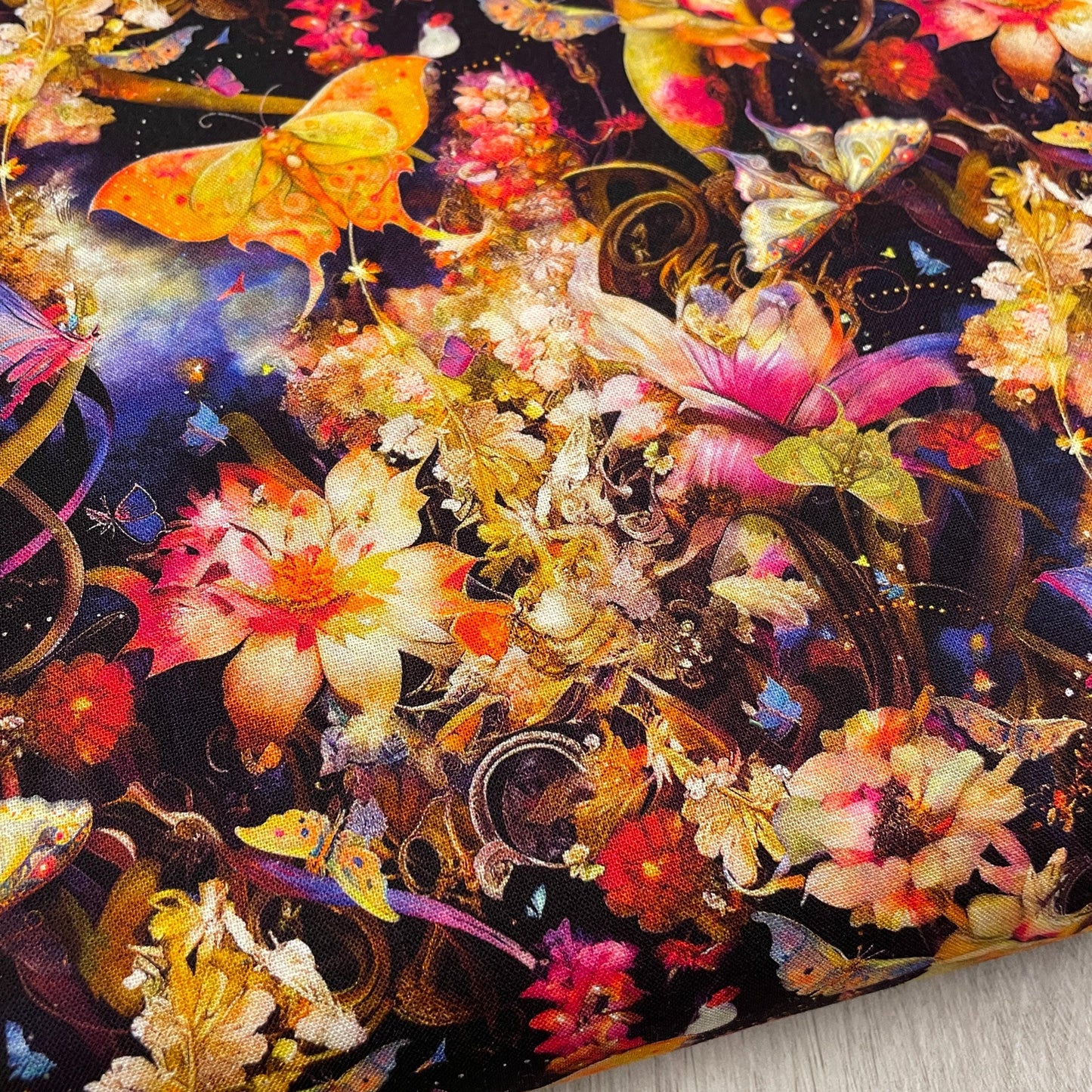 Floral Moth Fabric - Night Garden 3555-22 Pink - 100% cotton - Blank Quilting Corp