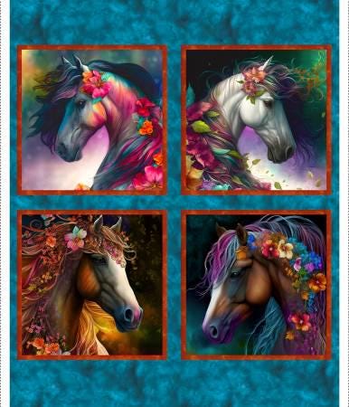 Horse Panel - Measures 36" x 43" - 3 Wishes Fabric - Drinkers of the Wind - Fantasy Floral Horse