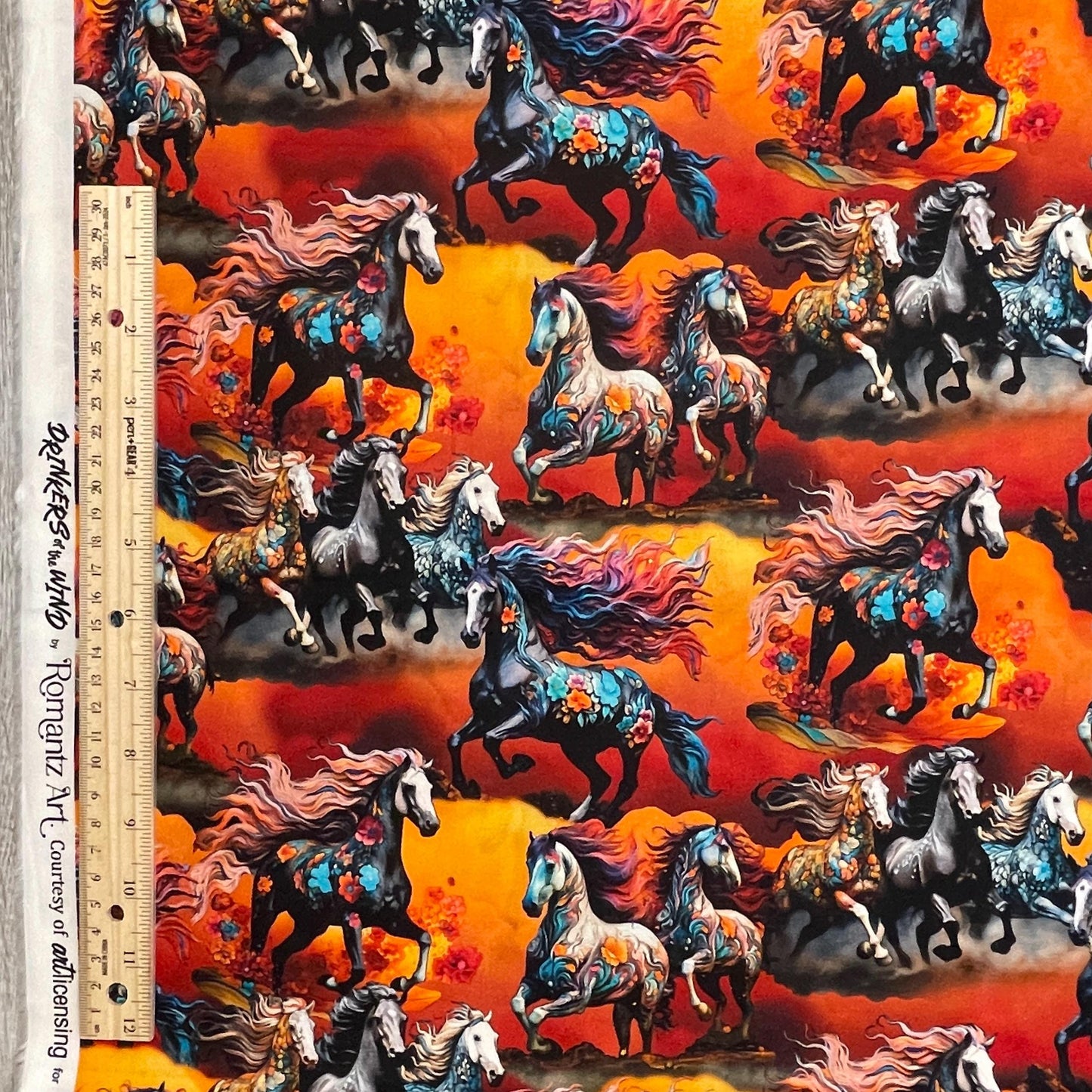 Floral Horse Fabric - 3 Wishes Fabric - Trolloping Treasures - 100% Cotton - Drinkers of the Wind - Colorful Horses