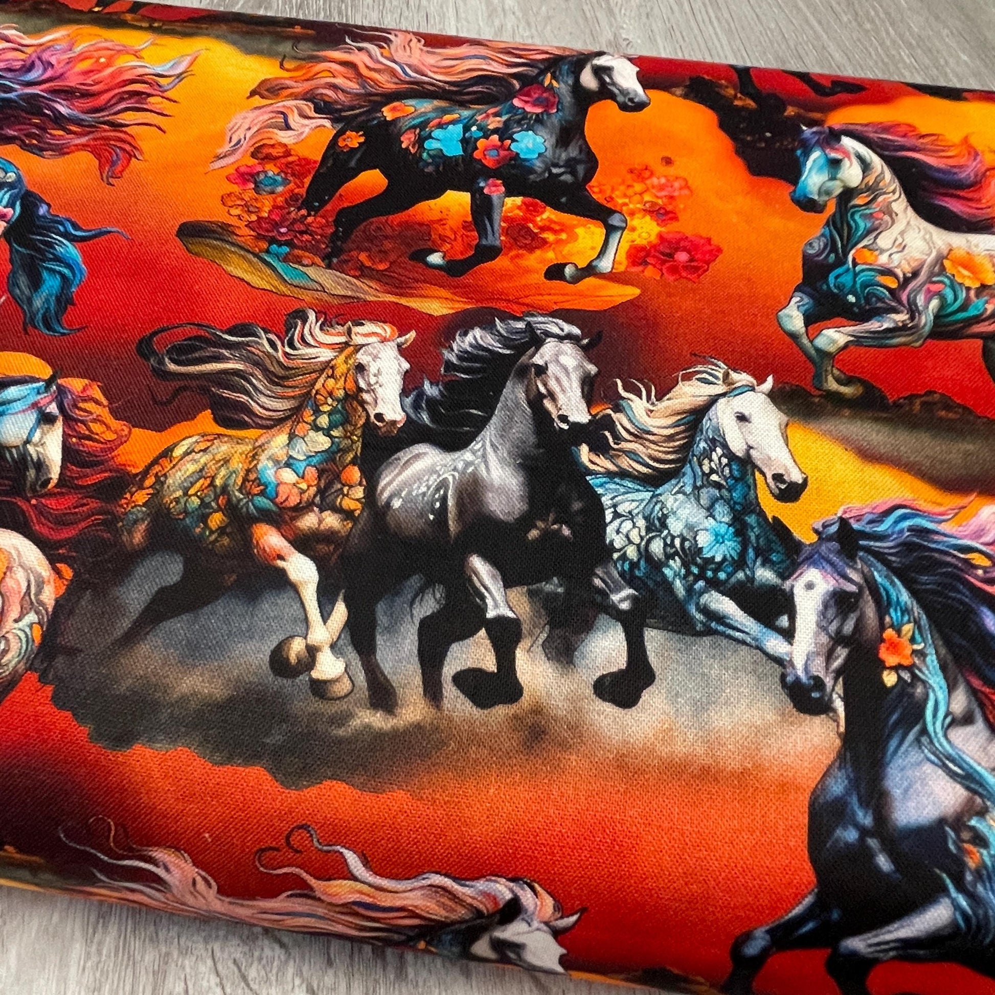 Floral Horse Fabric - 3 Wishes Fabric - Trolloping Treasures - 100% Cotton - Drinkers of the Wind - Colorful Horses