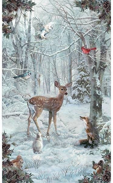 Snowy Forest Fabric Panel - 26" wide x 42" tall - 100% Cotton - Winter Tales - Hoffman - W5388-307-Snow