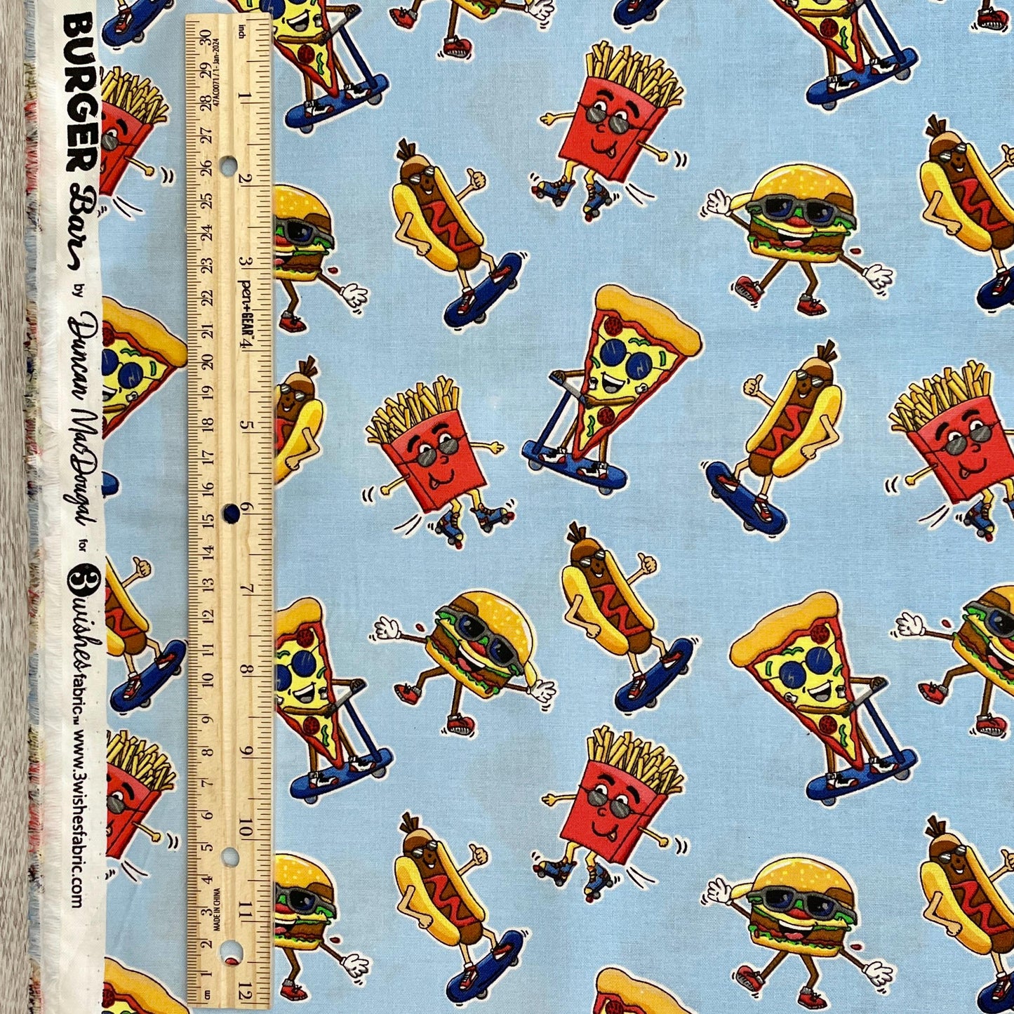 Fast Food Fabric - Burger Bar - 100% Cotton - 3 Wishes - Junk Food Pizza Hotdog Hamburgers Fries