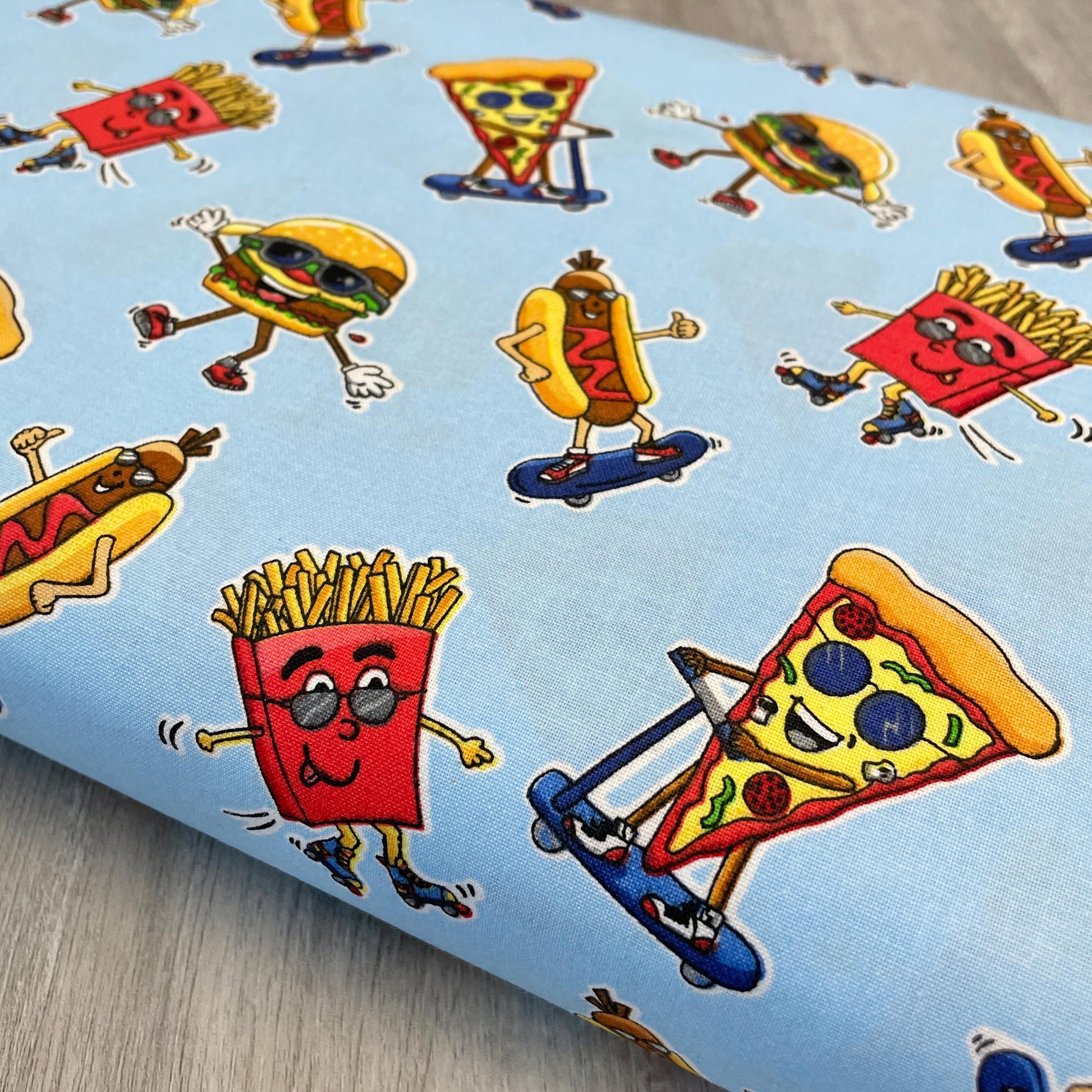 Fast Food Fabric - Burger Bar - 100% Cotton - 3 Wishes - Junk Food Pizza Hotdog Hamburgers Fries