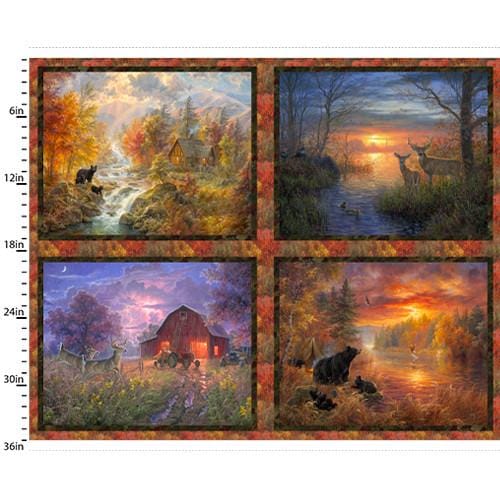 Dear and Bear Panel - 42" wide x 36" tall - Whitetail Country - 3 Wishes - 100% Cotton - Sunset Tree fabric forest animals