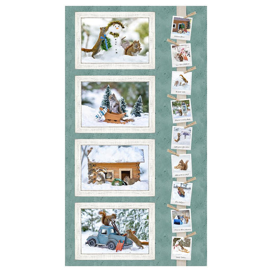 Secret Life of Squirrels II Fabric Panel 24" x 43" - Teal - 100% cotton - Clothworks - Y4217-104 Teal