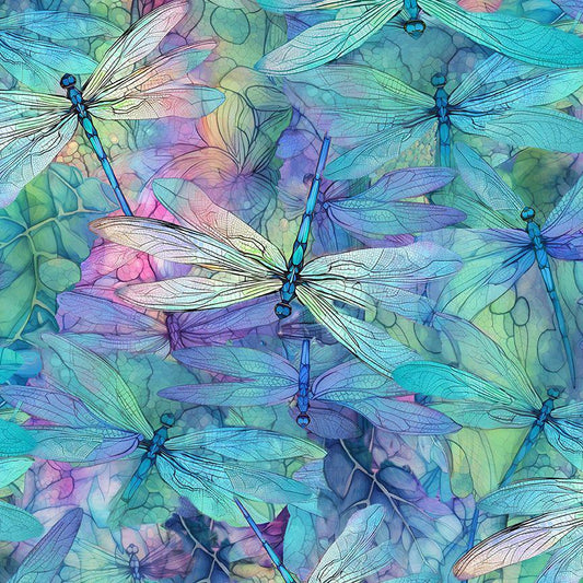Dragonfly fabric - Packed Dragonflies - 100% Cotton - flying animal iridescent garden fabric