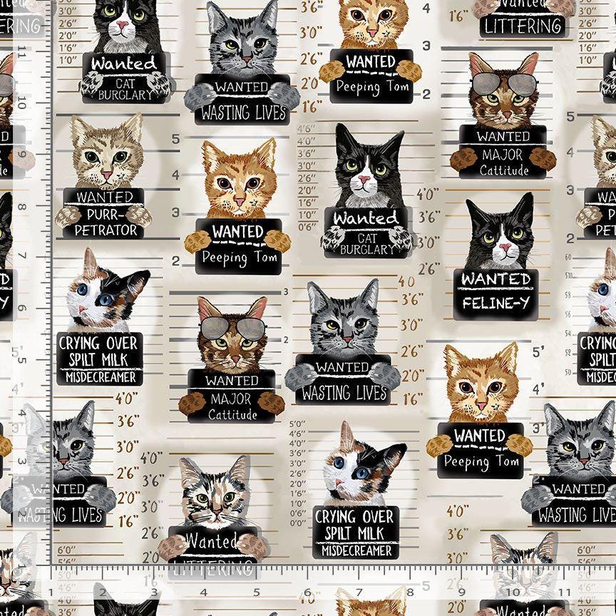 Cat Mugshots Fabric - Timeless Treasures - 100% Cotton - Quirky Cats Collection - Funny Cattitude wanted