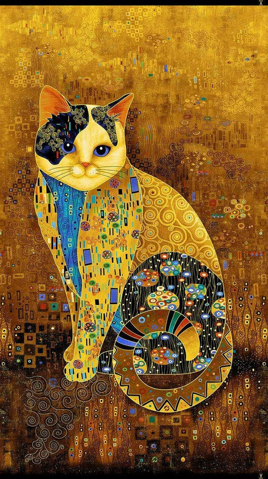 Golden Bejeweled Cat Fabric Panel 24" x 44" - 100% cotton - Timeless Treasures - Chong-A-Hwang