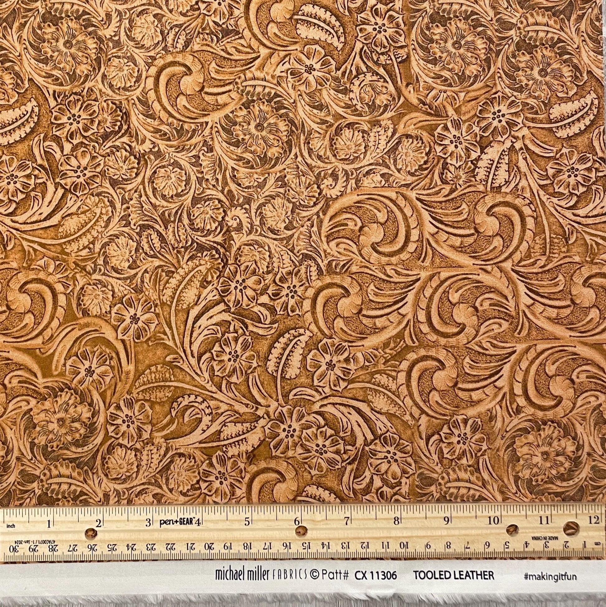 Tooled Leather COTTON Fabric - Caramel - Big Sky Country Collection - Not real leather