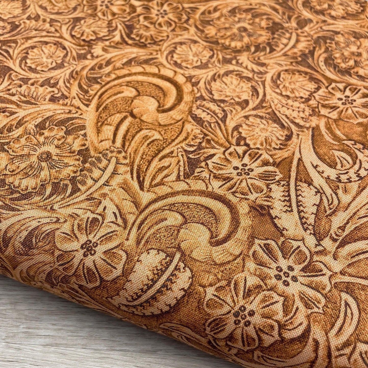 Tooled Leather COTTON Fabric - Caramel - Big Sky Country Collection - Not real leather