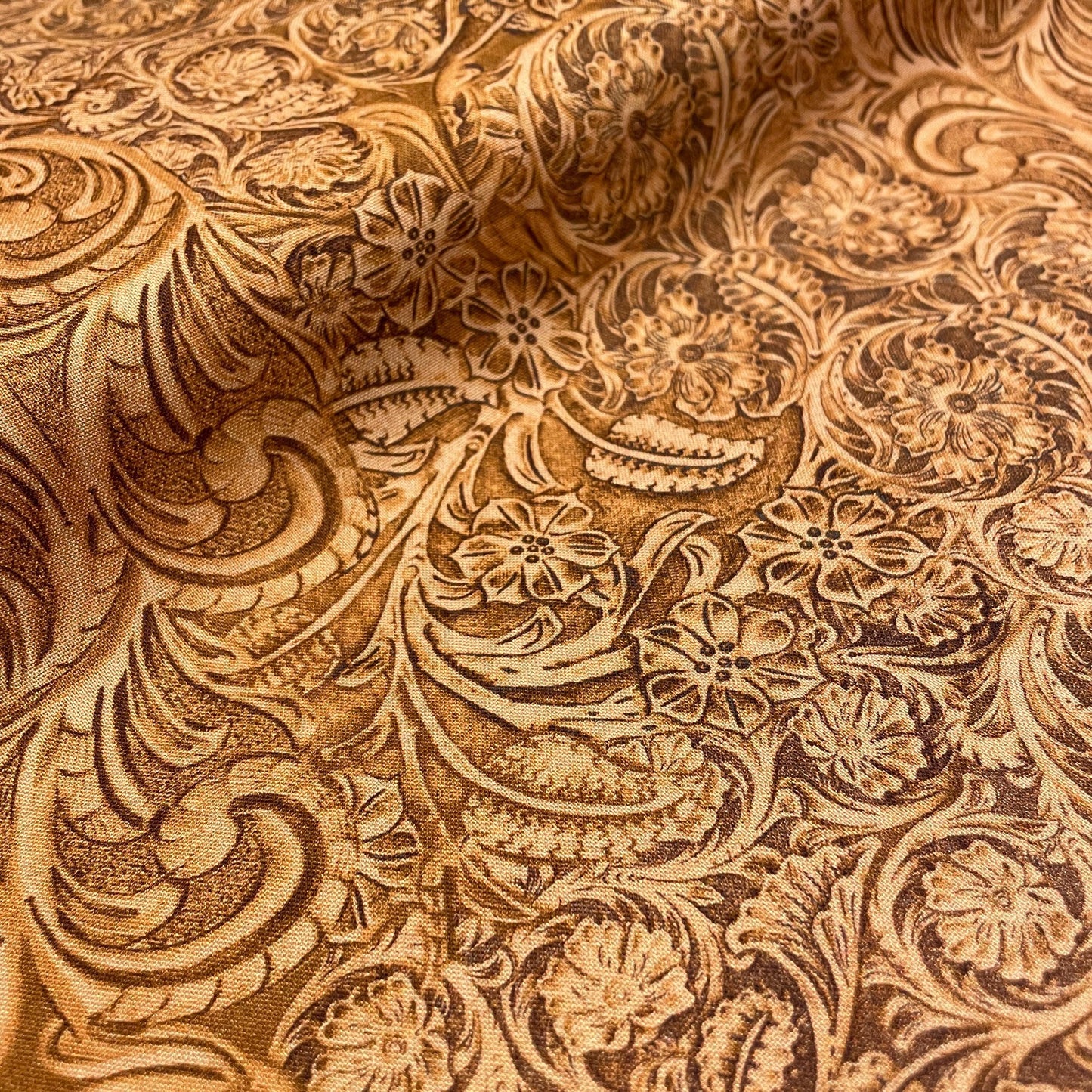 Tooled Leather COTTON Fabric - Caramel - Big Sky Country Collection - Not real leather