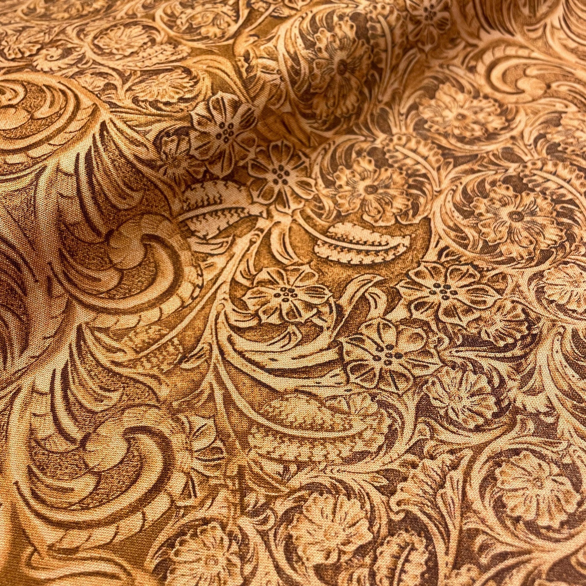 Tooled Leather COTTON Fabric - Caramel - Big Sky Country Collection - Not real leather