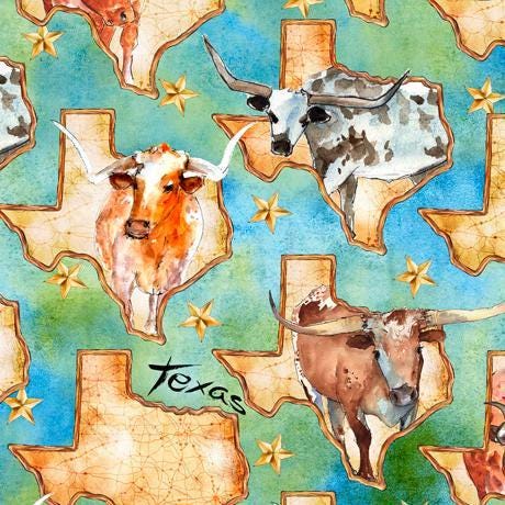Texas Longhorn Fabric - QT Fabrics - 100% Cotton - State Pride - Cattle - State Large Mammal