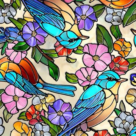 Stained Glass Bird Fabric - Sunlit Birds Collection - QT Fabrics - 100% Cotton - 30793-A