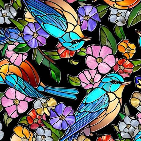 Stained Glass Bird Fabric - Sunlit Birds Collection - QT Fabrics - 100% Cotton - 30793-J