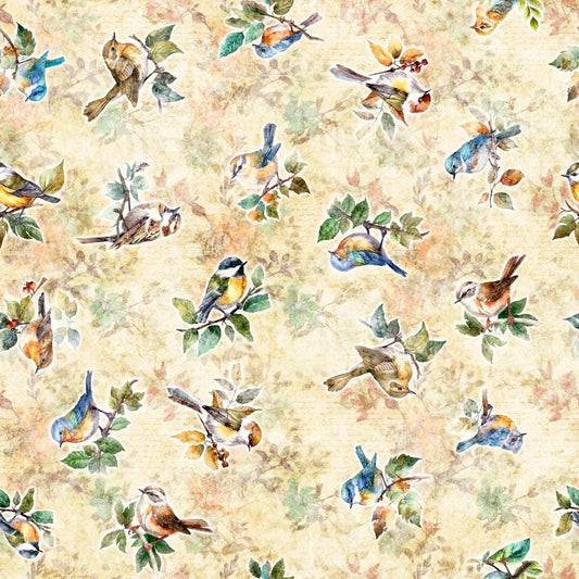 Floral Bird Fabric - Birdsong Collection - QT Fabrics - 100% Cotton - Tan 2600-30279-A