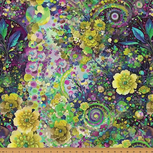 Whimsical Flower Garden Fabric W5535-71-Lime - Hoffman - 100% Cotton - by Candy Quilt Design