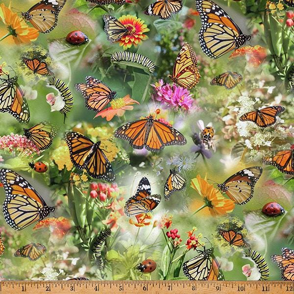 Monarch butterfly fabric - Mariposa Masterpiece Collection by Hoffman - 100% Cotton - flying animal garden nature - W5461-170-Meadow