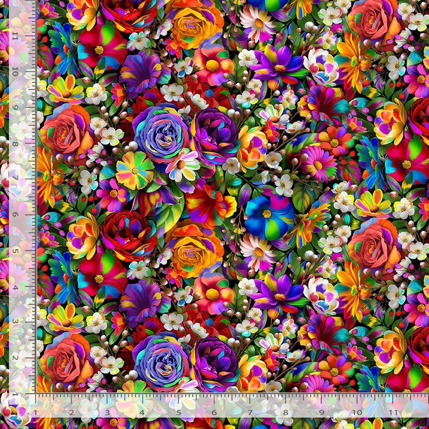 Colorful Floral Fabric - Packed Multi Floral - 100% Cotton - Timeless Treasures - Bright rainbow flowers