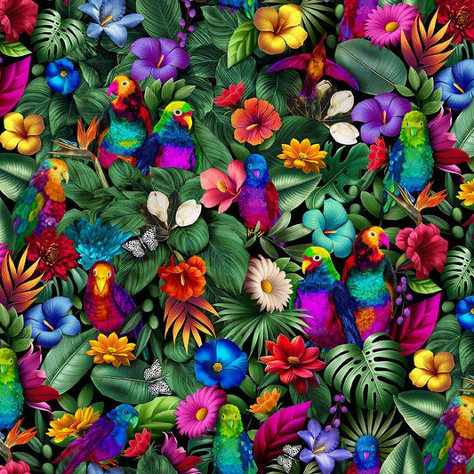 Tropical Floral and Birds fabric - 100% cotton - Timeless Treasures - Colorful bird material - parrots