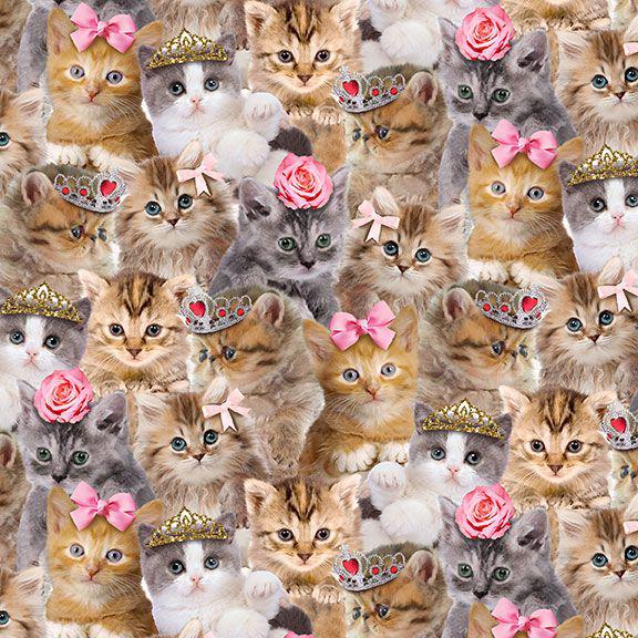 Kitten Fabric - Packed Princess Kitty - Timeless Treasures - 100% Cotton - Cat crown bow