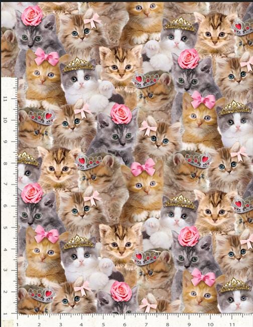 Kitten Fabric - Packed Princess Kitty - Timeless Treasures - 100% Cotton - Cat crown bow