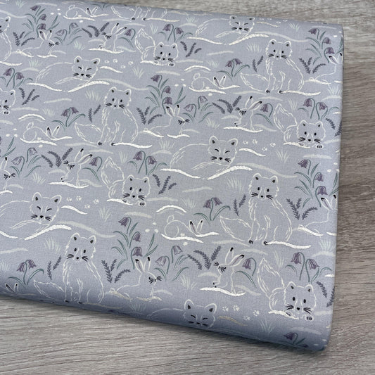 Arctic Fox and Rabbit Fabric - Haring Around on Grey - 100% Cotton - by Lewis & Irene