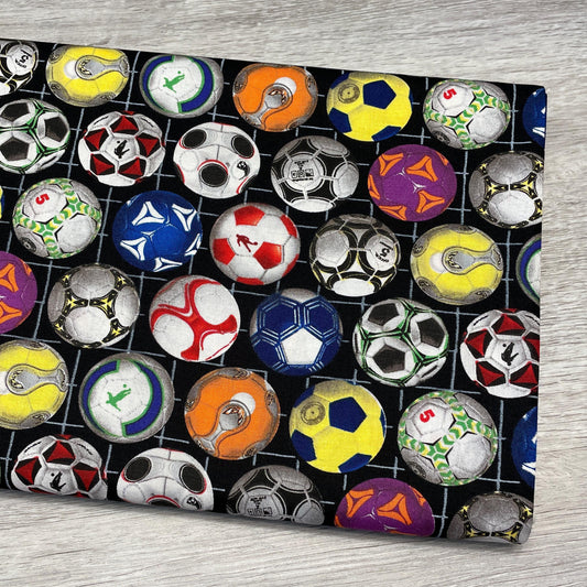 Soccer Fabric - 276-Black - Elizabeth's Studio Sports Collection - 100% Cotton - Colorful soccer balls
