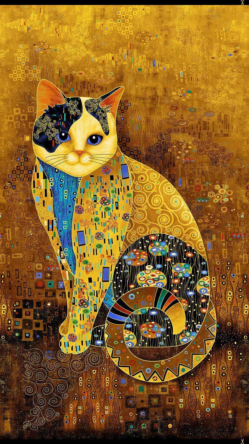 Golden Bejeweled Cat Fabric Panel 24" x 44" - 100% cotton - Timeless Treasures - Chong-A-Hwang