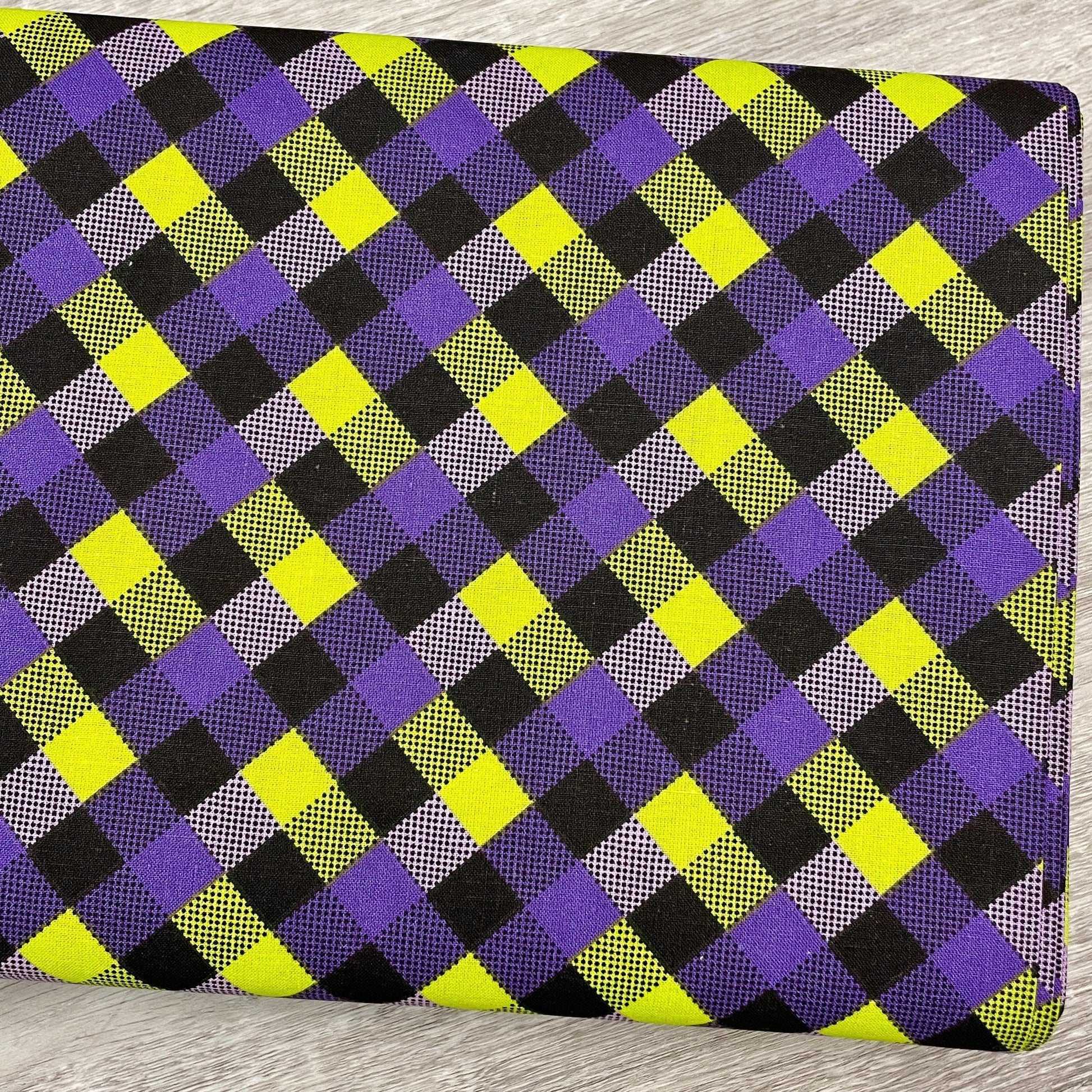 Halloween Checkerboard Fabric - 100% Cotton Fabric - Purple and Green 1/2" Check by the yard