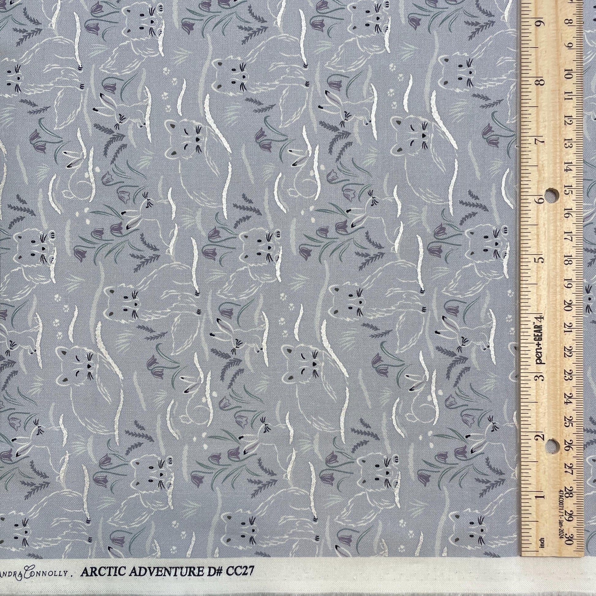 Arctic Fox and Rabbit Fabric - Haring Around on Grey - 100% Cotton - by Lewis & Irene