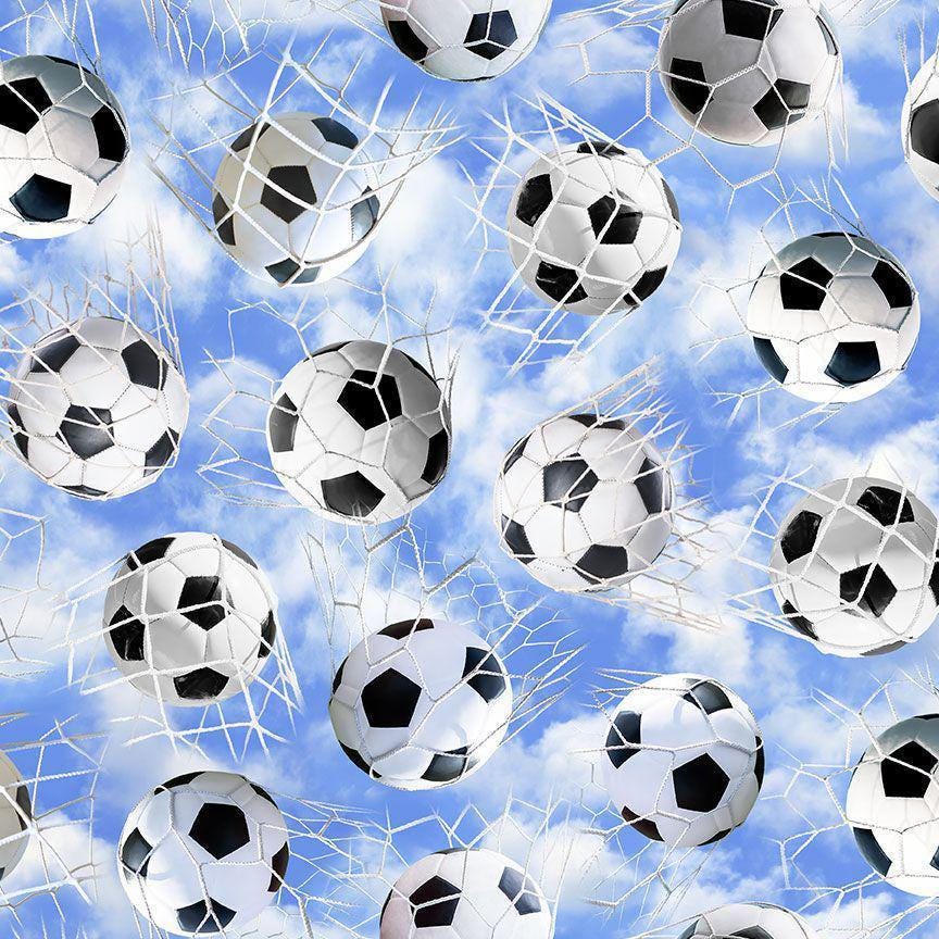 Soccer Fabric - 100% Cotton - Quilting Cotton - Blue Soccer Sky with Net - Sports Fabric - Black and White Soccer ball