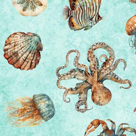 Sea Creature Fabric - Lt Turquoise - QT Fabrics - 100% Cotton - Ocean Life