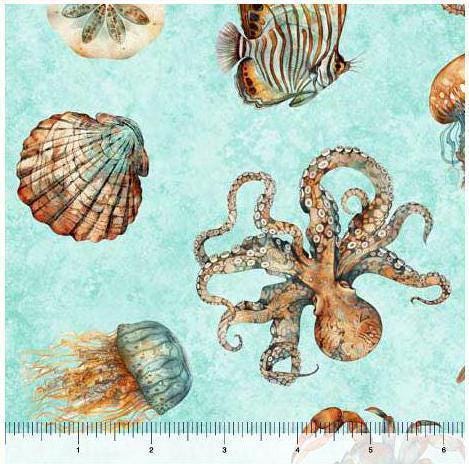 Sea Creature Fabric - Lt Turquoise - QT Fabrics - 100% Cotton - Ocean Life