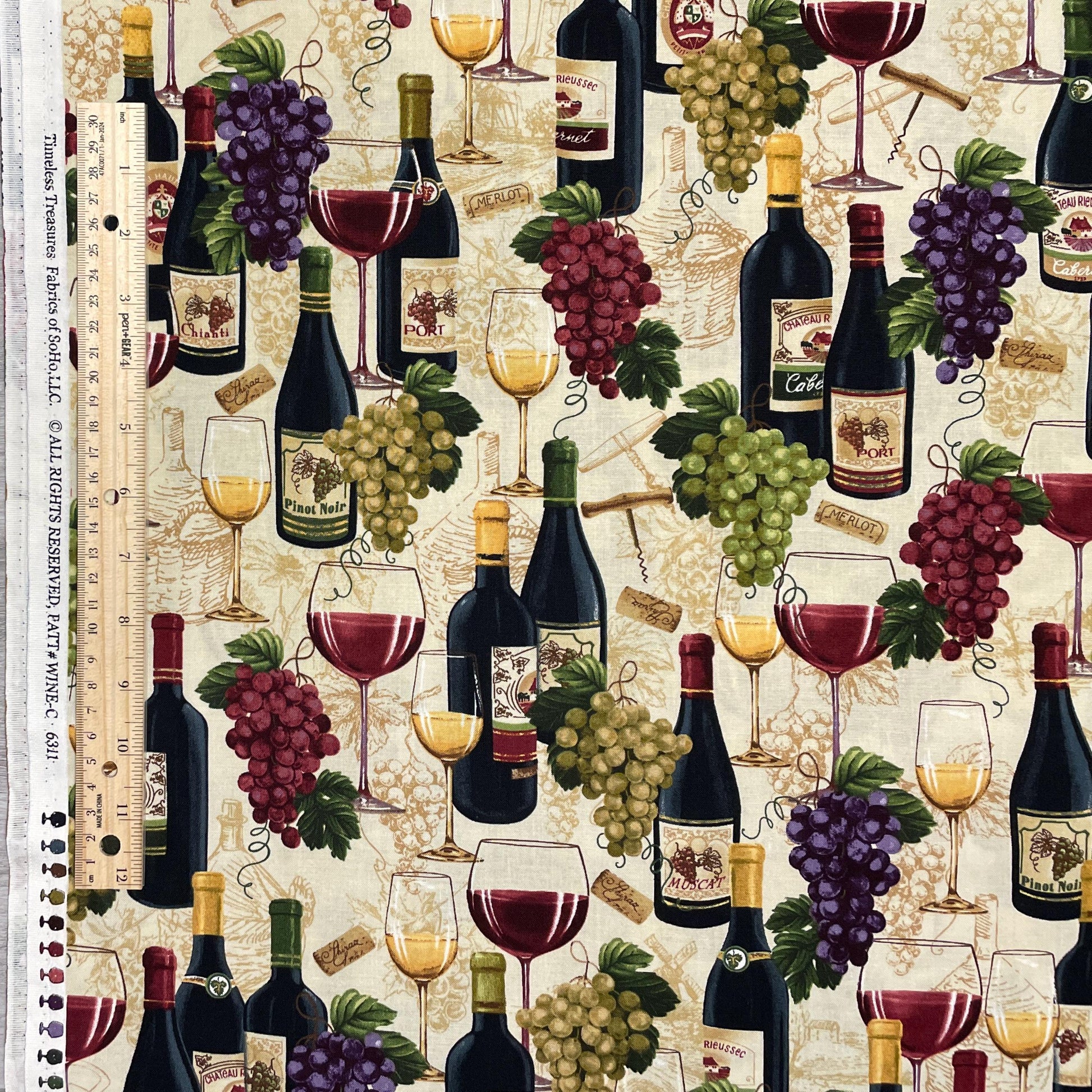 Wine Bottles and Grapes Fabric - Timeless Treasures - 100% Cotton