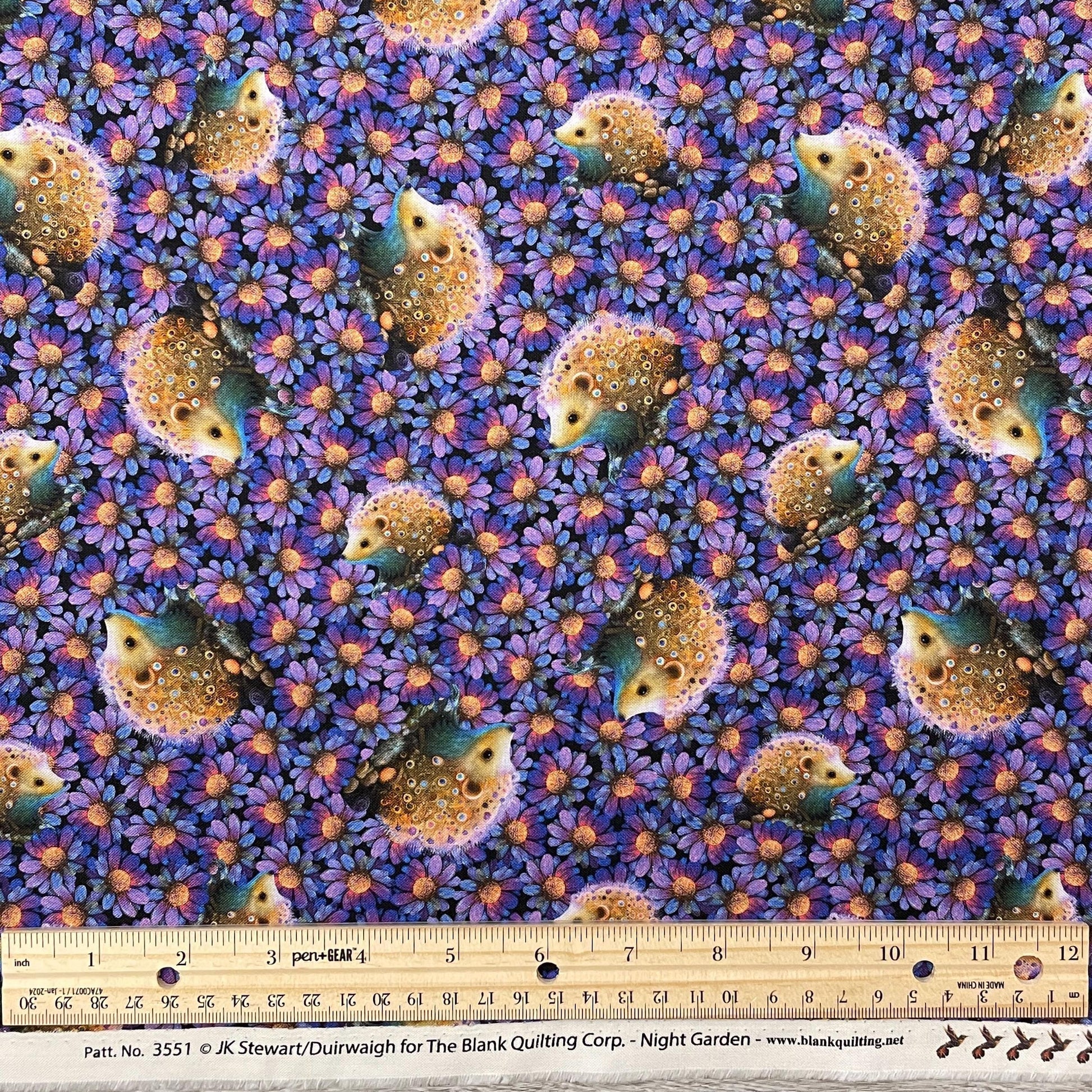 Hedgehog Fabric - Night Garden 3551-55 Purple - 100% cotton - Blank Quilting Corp