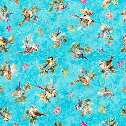 Floral Bird Fabric - Birdsong Collection - QT Fabrics - 100% Cotton - Aqua 2600-30279-Q