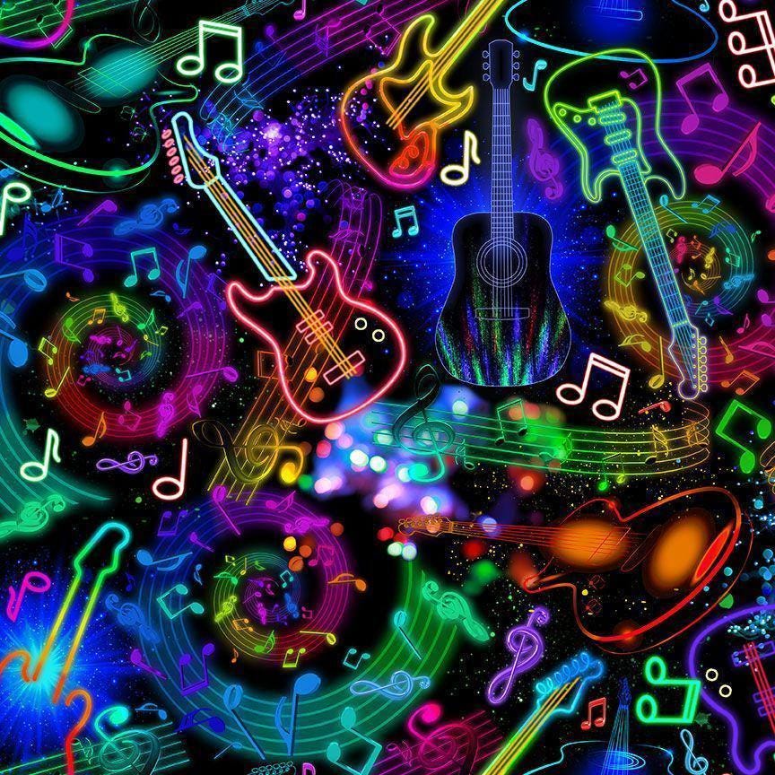 Neon Guitars and Music Notes - 100% Cotton Fabric -Timeless Treasures - I'm with the Band