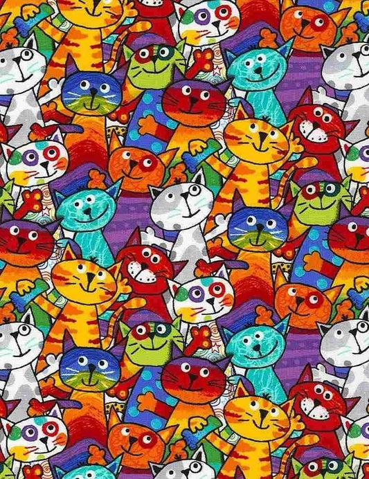 Rainbow Cat Fabric - Stacked Cats - Crazy for Cats Collection - Timeless Treasures - 100% Cotton - Colorful cat theme print - Ships NEXT DAY