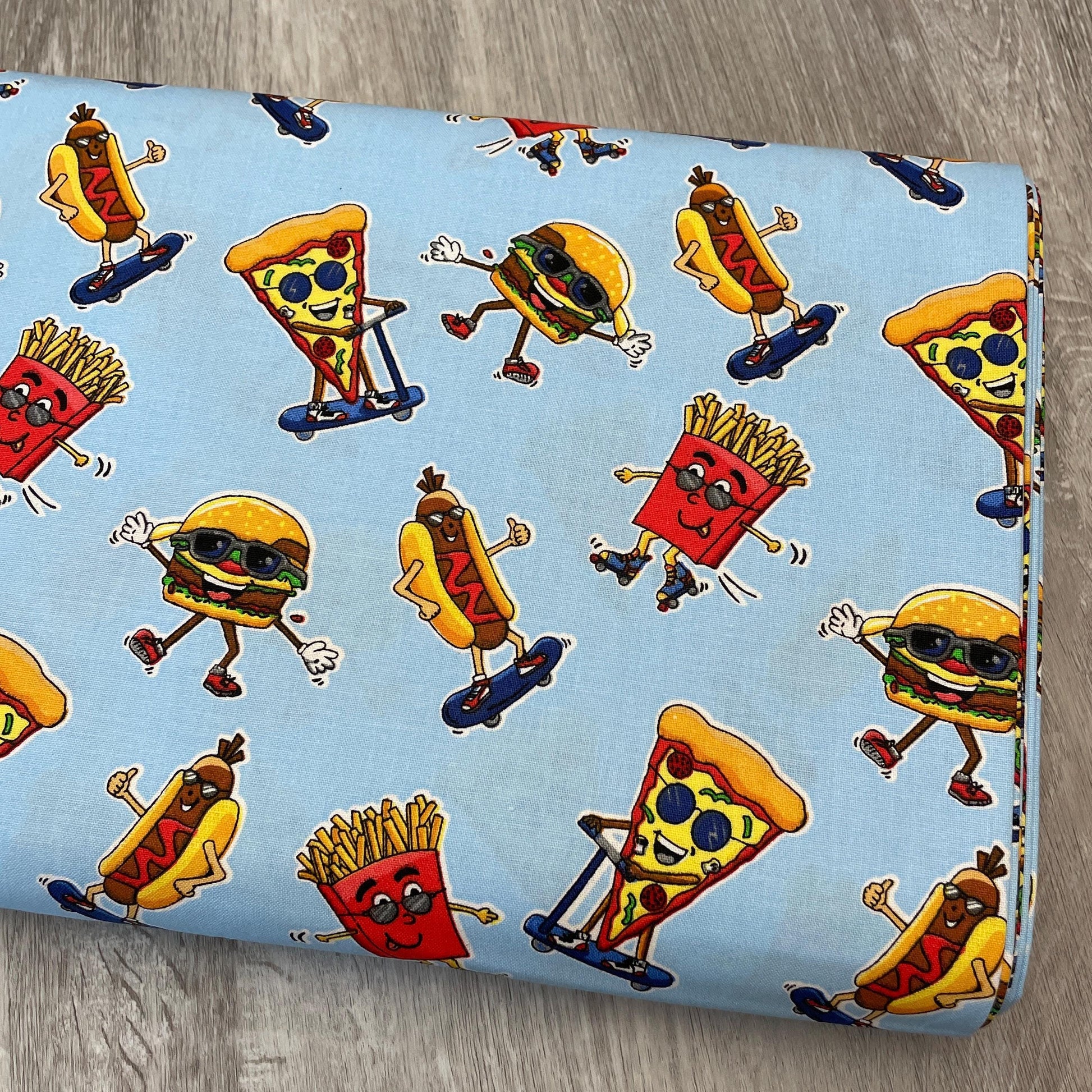 Fast Food Fabric - Burger Bar - 100% Cotton - 3 Wishes - Junk Food Pizza Hotdog Hamburgers Fries